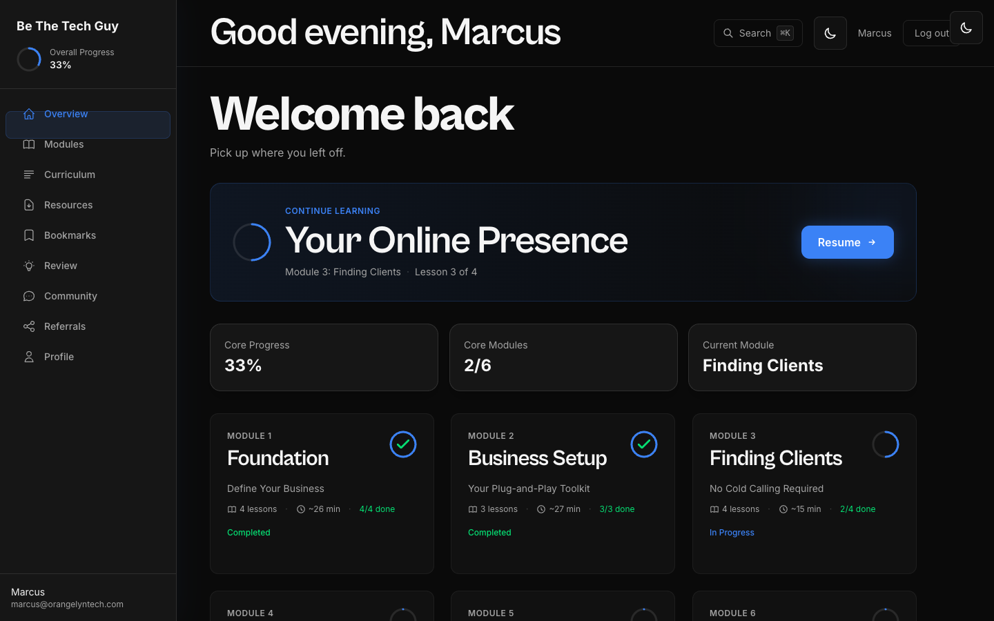 Be The Tech Guy course dashboard showing modules, progress tracking, and lesson navigation